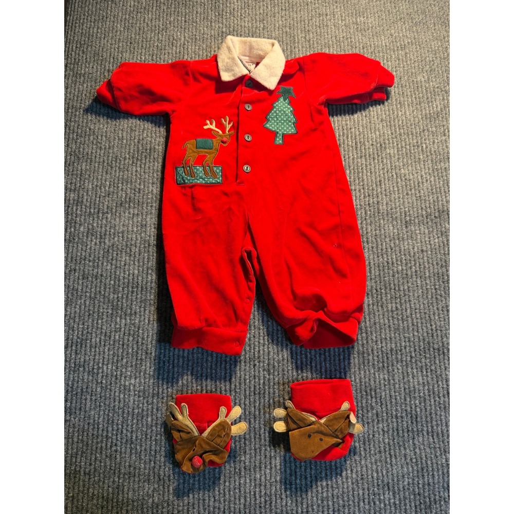 Good Lad Vintage Christmas Reindeer Romper and Booties Set Red Velour 3/6MO